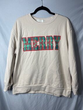 State of Mind Cream Sweatshirt with Red and Green "MERRY" Graphic